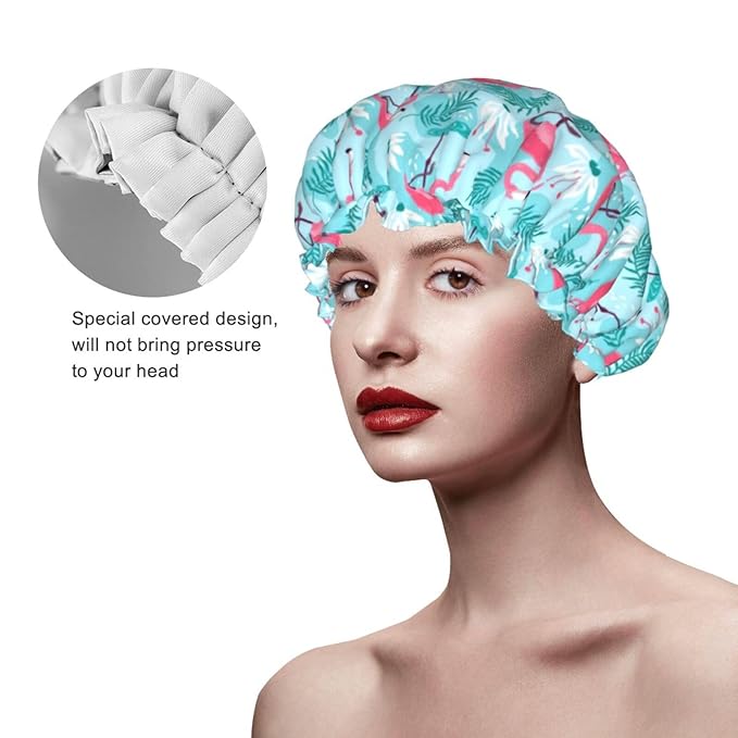 Pink Flamingos Shower Cap For Women Reusable Waterproof Double Layers Bath Cap Hair Protection Elastic Ladies Spa Salon Shower Hat