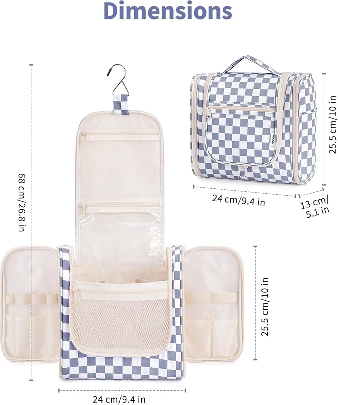 Narwey Checked Hanging Travel Toiletry Bag for Women, Travel Bag for Toiletries, Makeup Bag Organizer Cosmetic Bags Make Up Bags for Women (Grayish Blue Checkerboard)
