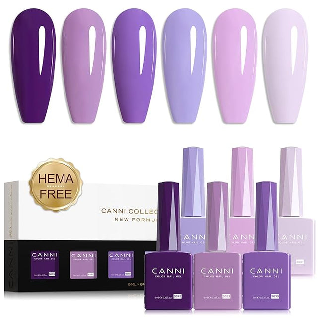 CANNI Purple Gel Nail Polish Set – 6 Colors 9ML Violet, Dark Purple, Lavender, Pastel Pink – Soak Off UV LED Nail Gel Kit for DIY Art, Summer Manicure, Home or Salon Use