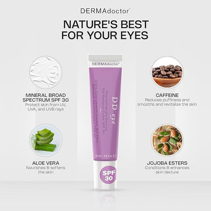 DERMAdoctor Caffeine Eye Cream for Dark Circles, Anti Aging Illuminator, Hydrating Under Eye Cream with SPF 30 for Puffiness, Wrinkles, and Bags Under Eyes, Dermatologist Formulated - 0.5 oz