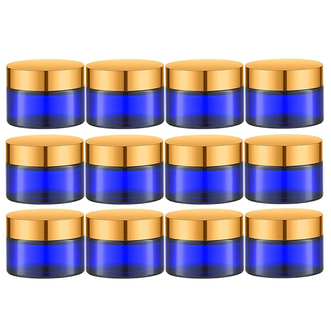 1 Oz Cobalt Blue Round Glass Jars with Inner Liners and Gold Lids(12PCS) Empty Cream Containers Refillable Cosmetic Vials for Cosmetics, Lotions, Ointment, Body Scrubs & Balms