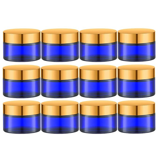 1 Oz Cobalt Blue Round Glass Jars with Inner Liners and Gold Lids(12PCS) Empty Cream Containers Refillable Cosmetic Vials for Cosmetics, Lotions, Ointment, Body Scrubs & Balms