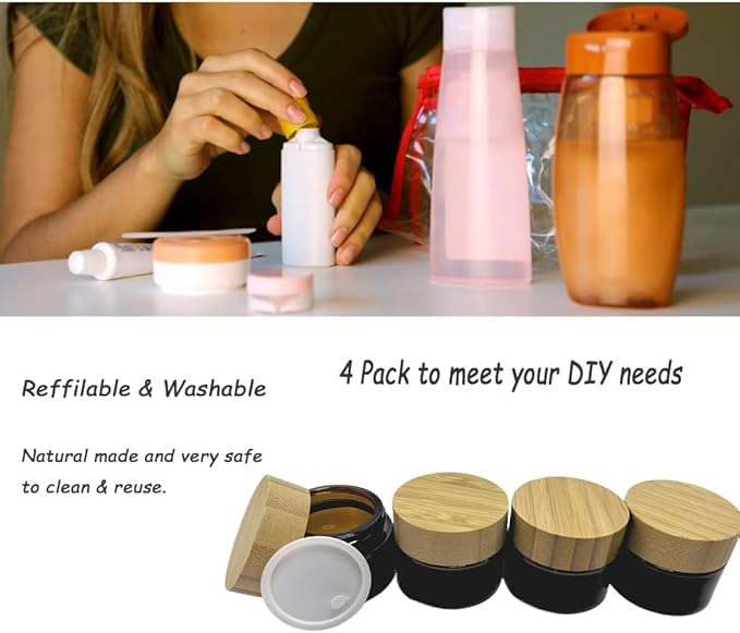 Empty Refillable Frosted Glass Cosmetic Cream Jar 4 Pack 1 OZ/30g with Bamboo Lids,Skin Care Travel Containers Pot for Clay Masks,Butter,Body Scrub,Lip Balm, Ointments, Lotion Brown