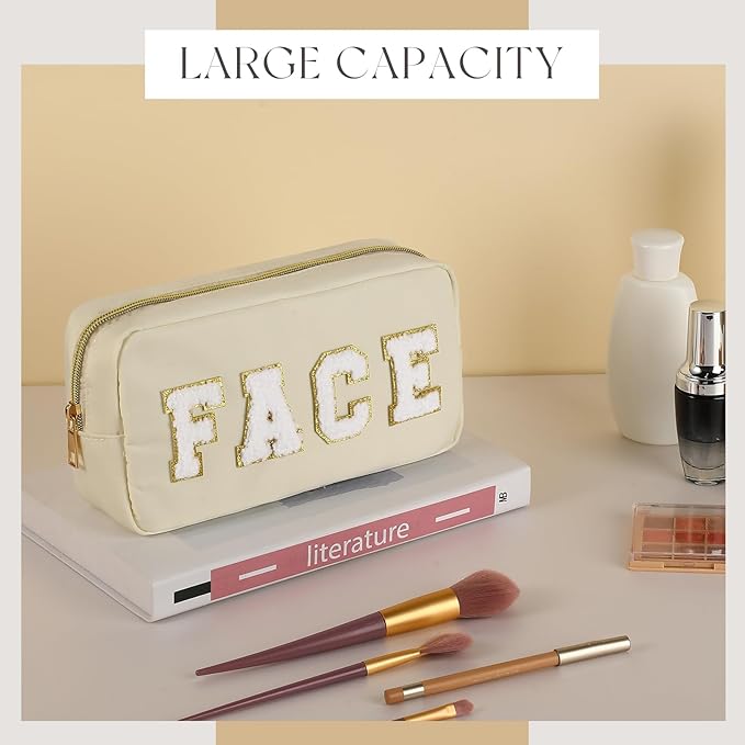 Cunno 4 Pcs Preppy Makeup Bags Chenille Letter Stuff Bag Nylon Cosmetic Pouch Cases with Zipper for Women Travel Toiletry