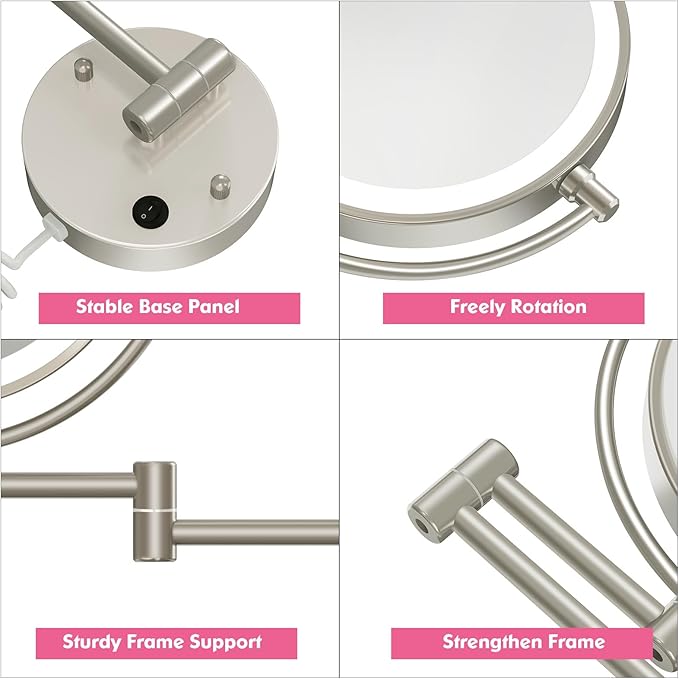 FASCINATE Upgraded Wall Mounted Makeup Mirror with Lights, Super Large Double Sided 1X/10X Magnifying Mirror for Bathroom, 360° Swivel Extendable Plug Touch Sensor Vanity Mirror