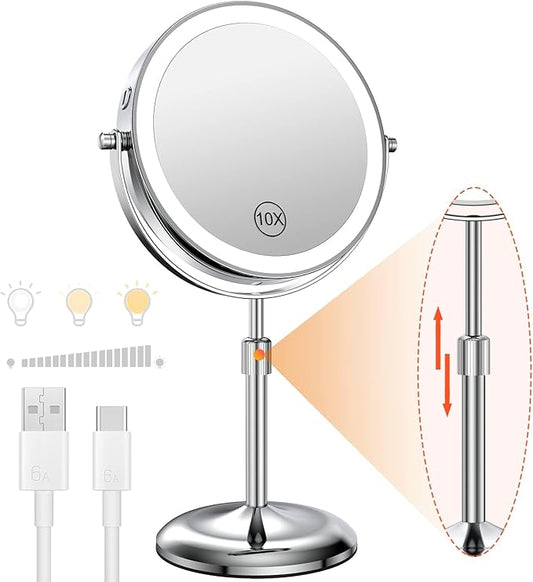 Benbilry Lighted Makeup Mirror with 10X Magnification & 3 Color Lights, Adjustable Brightness & Height, 7 Inch 360° Swivel Rechargeable LED Magnifying Make Up Mirror with Lighting (Silver)