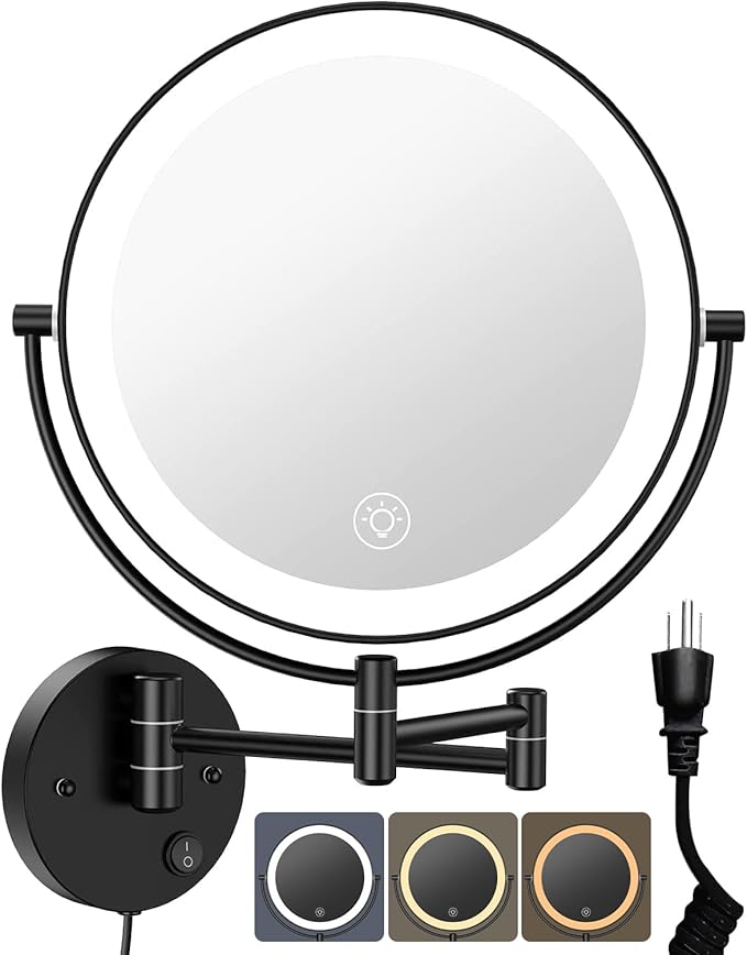 Benbilry 9" Large Wall Mounted Lighted Makeup Mirror, 1X/10X Magnifying Double-Sided AC Pulg-in Powered Bathroom Mirror with 3 Color Lights, Touch Dimmable, Extended Arm 360 Rotation, Black
