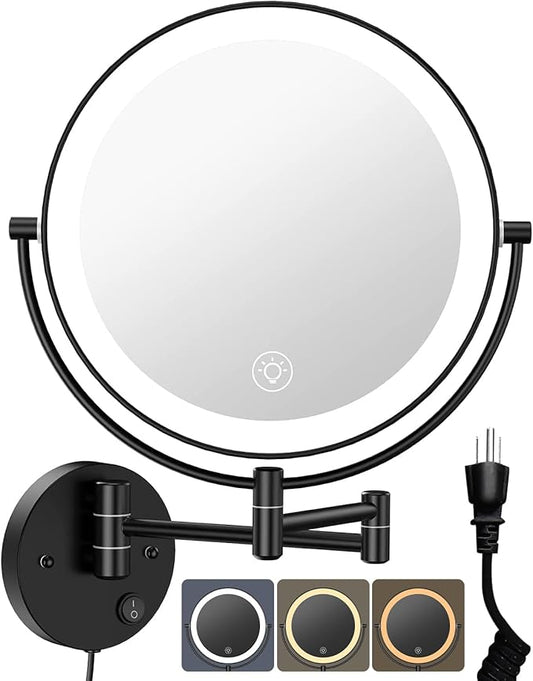Benbilry 9" Large Wall Mounted Lighted Makeup Mirror, 1X/10X Magnifying Double-Sided AC Pulg-in Powered Bathroom Mirror with 3 Color Lights, Touch Dimmable, Extended Arm 360 Rotation, Black