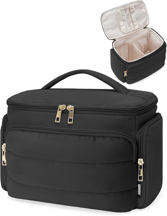 WANDF Travel Toiletry Bag for Women, Wide-open Large Makeup Bag with Handle, Puffy Makeup Organizer for Toiletries, Cosmetics, Accessories, Essentials (Black)