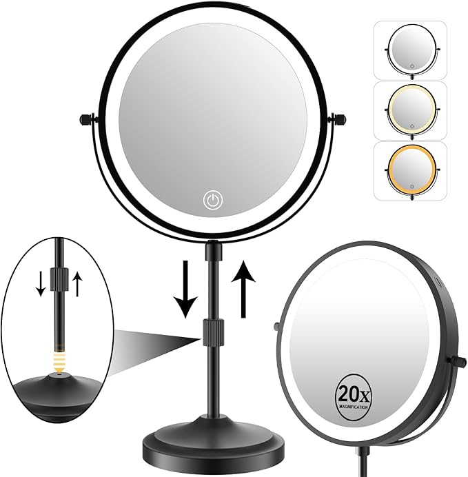 9" Magnifying Mirror with Lights 20X, Height Adjustable Lighted Makeup Mirror with Magnification, 5000mAh Rechargeable Battery, Dimmable, 3 Lighting Colors, Black