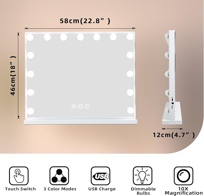 Fenair Vanity Mirror with Lights 22.8"x 18.1" Makeup Mirror with Lights and 15 Dimmable Bulbs,3 Colors Modes,Hollywood Mirror with USB Charging Port and 10X Detachable Magnification Mirror