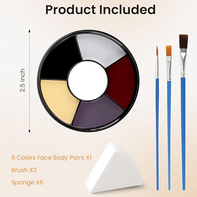 6 Colors Face Body Paint + 6pcs Sponge + 3pcs Brush, 【Full Coverage】【Skin Friendly】【Long Lasting】, Professional Paint Makeup Product For Halloween/Masquerade/Cosplay/Movie Makeup