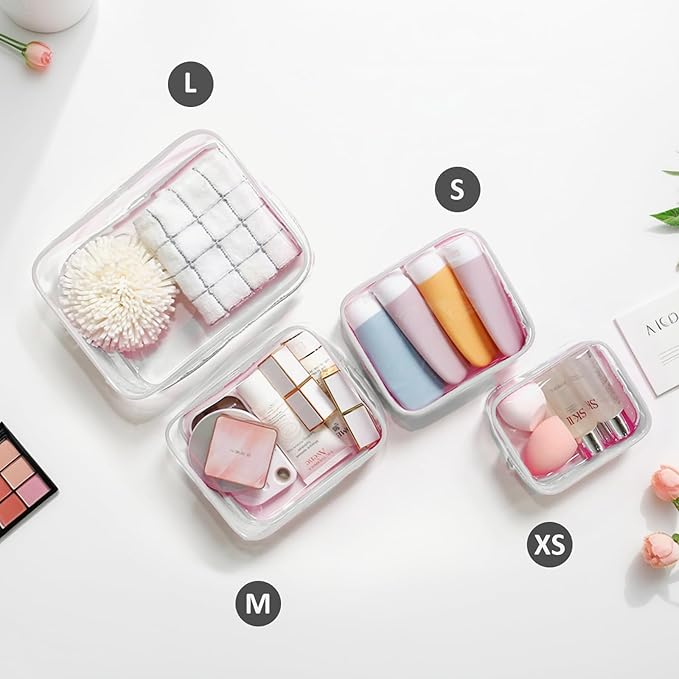 4 Pack Clear TSA Approved Travel Toiletry Bag, Carry on Travel Accessories Bag Airport Airline Quart Size Bags Cosmetic Bag for Women Clear Bogg Beach Makup Bag Accessories with 3 Pack Insert Hooks