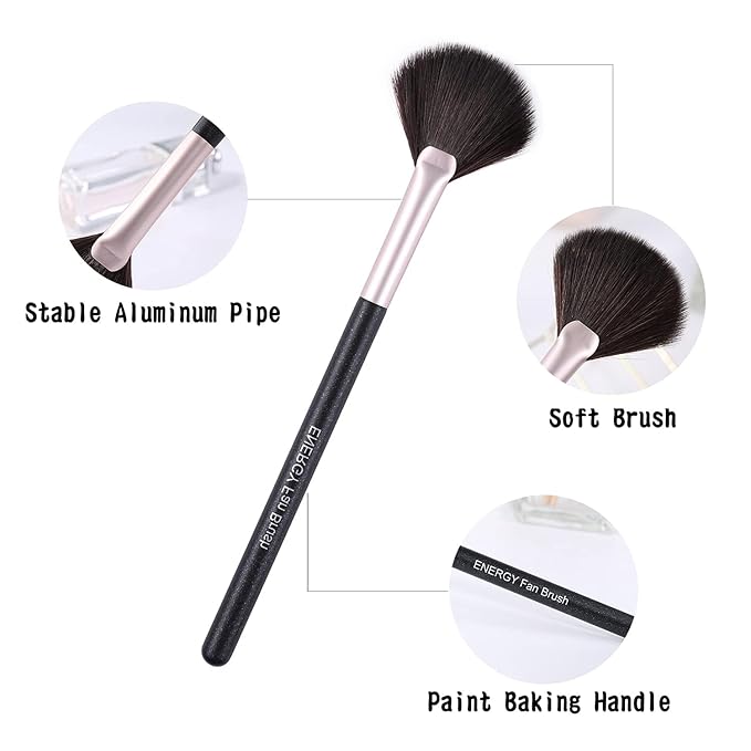 ENERGY Fan Brush Professional Blush Brush Soft Vegan Synthetic Makeup Brush for Face Highlighting,Buffing and Blending with Powder Cream Cosmetics Blusher Highlighter Applicator