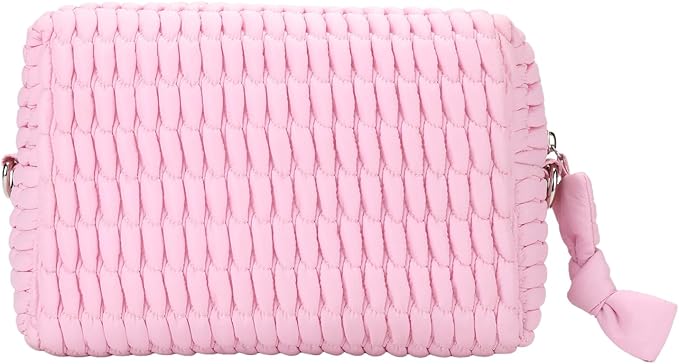 Quilted Makeup Bag Ruffle Cosmetic Bag, Travel Toiletry Bag for Women with Wrist Strap, Cute Makeup Bag Organizer, Portable Aesthetic Make up Organizer Bag for daily work Gift Giving (PINK)