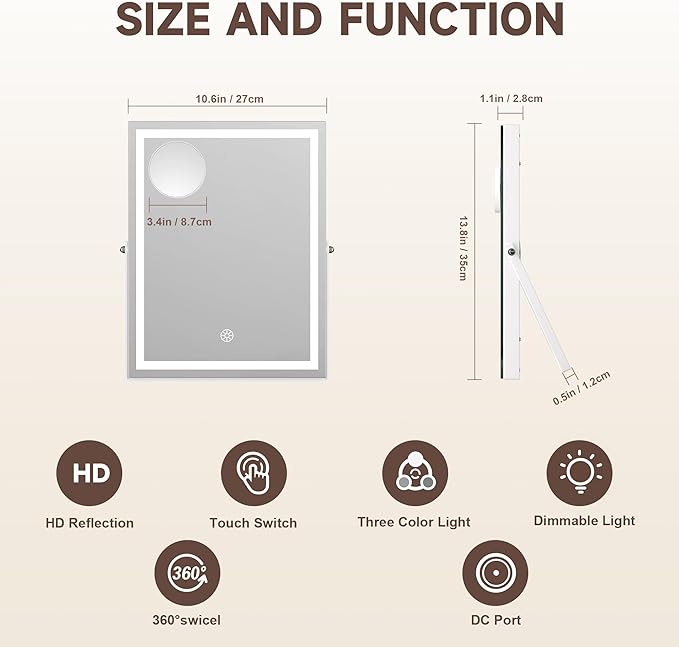 MINISO Vanity Mirror with Lights, 10.6" x 14" LED Makeup Mirror, Light & Brightness Adjustment, Smart Sensor, 360°Rotation, Aluminum Alloy Metal White Frame, with 5X Magnifying Glass