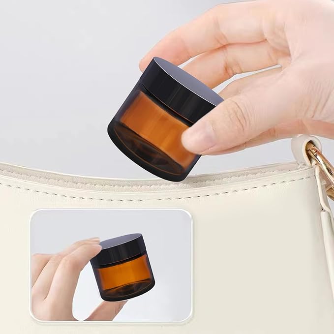 3 Pack Amber Small Glass Cosmetic Jars with Lids, 60 ml Empty Glass Makeup Containers for Sample, Cream, Lotion, Powder (2 OZ)