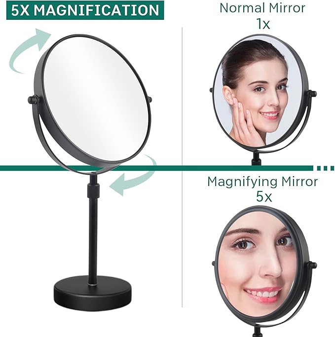 Nicesail Higher Taller Tabletop Makeup Mirror of 8 Inch, 5X Magnified Makeup Mirror Countertop Standing, Height Adjustable, Double Sided Mirror in Matte Black (8 Inch, 5X)…
