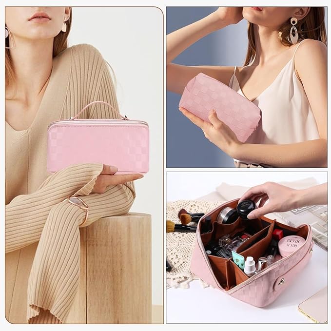 Checkered Travel Makeup Bags Cosmetic Organizer Bag: 2-Set Large Capacity Waterproof Makeup Bag - PU Leather Toiletry Bag for Women - Wide Open Portable Pouch with Handle and Divider (PINK)