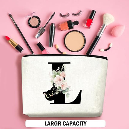Floral Cat Initial Makeup Bag, Personalized Skin Care Bag, Travel Organizer Toiletry Bags for Women Mom Friends, Cosmetic Bags Makeup Pouch with Zipper, Letter L