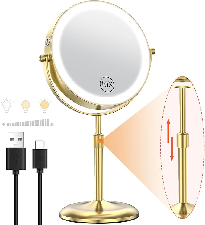 Benbilry Lighted Makeup Mirror with 3 Color Lights & 10X Magnification, Adjustable Brightness & Height, 7 Inch 360° Swivel Rechargeable 10X LED Magnifying Vanity Mirror with Light, Gold