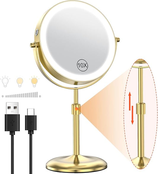 Benbilry Lighted Makeup Mirror with 3 Color Lights & 10X Magnification, Adjustable Brightness & Height, 7 Inch 360° Swivel Rechargeable 10X LED Magnifying Vanity Mirror with Light, Gold