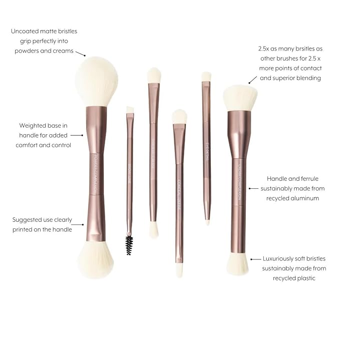 Luxury Dual Ended Makeup Brush Set, 6 Makeup Brushes, Professional & Travel Makeup Brush Set with White Leather Case, 2.5x More Vegan, Soft Bristles for Full Face Flawless Application.