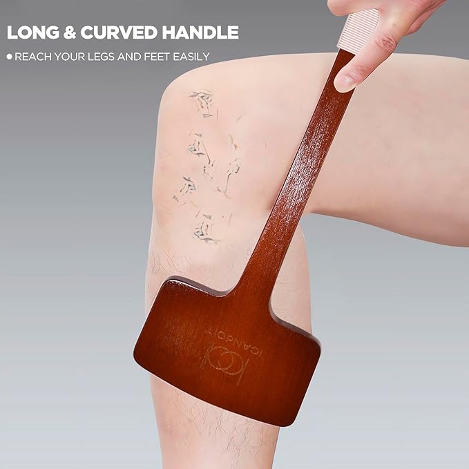 ICANdOIT Exfoliation Set-17.71 Inch Boar Bristles Back Scrubber Bath Brush,Shower Brush with No-Slip Curved Handle,Dual-Sided Face Exfoliation Glove