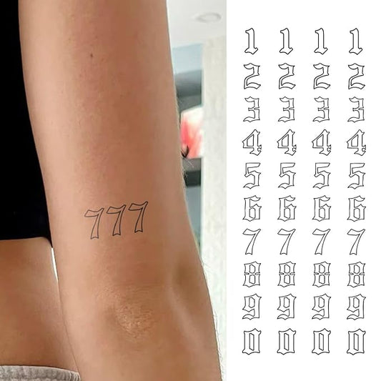 Old English Number Temporary Tattoos 0-9 – Gothic Style Customizable Fake Tattoos for Dates, Lucky Numbers, Realistic, Waterproof & Long-Lasting for Men & Women