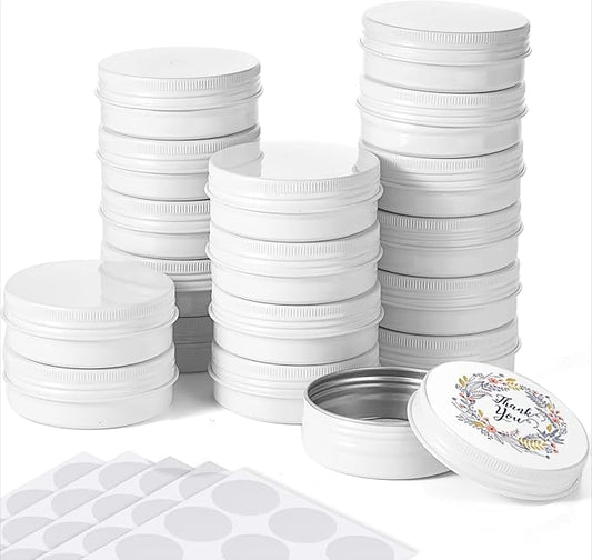 Patelai 2 oz 120 pcs Metal Round Tins Aluminum Tin Cans Salve Tins Containers with Screw Lid 20 Sheets Stickers for Salve Spice Candies Balms Candles (White)