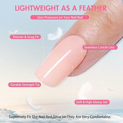 Rose Pink Press on Nails Long Square, KXAMELIE Medium Coffin Nails Press ons Long Glue on Natural Thick Fake Nails Acrylic Reusable 24 Solid Color False Nails for Women