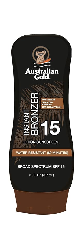 Australian Gold Sunscreen Lotion with Instant Bronzer SPF 15, 8 Ounce | Broad Spectrum | Water Resistant | Non-Greasy | SPF 15 8 Fl Oz (Pack of 1)