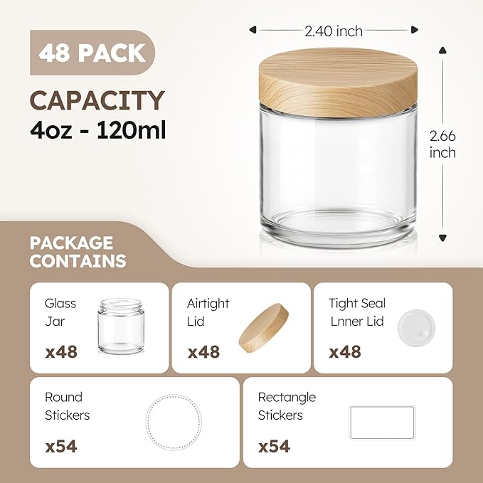 4 oz Glass Jar with Bamboo Lids, 48 Pack Small Glass Candle Jars with Lids & Sticker, Empty Cosmetic Containers for Sample, Cream, Spice, Lotion, Ointments