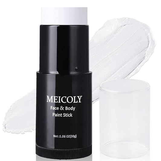 MEICOLY Clown White Face Body Paint Stick(1.06 Oz),Foundation Cream Makeup,Face Paint for Halloween Joker Zombie Vampire Skeleton Skull Special Effects Mime Makeup,White Eye Black Stick for Sports