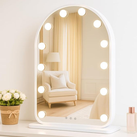 LUXFURNI Vanity Mirror with Lights, 24.5" x 15.8" Arched LED Makeup Mirror, Lighted Hollywood Mirror with Lights, Smart Touch Control Dimmable 3 Modes Light, White