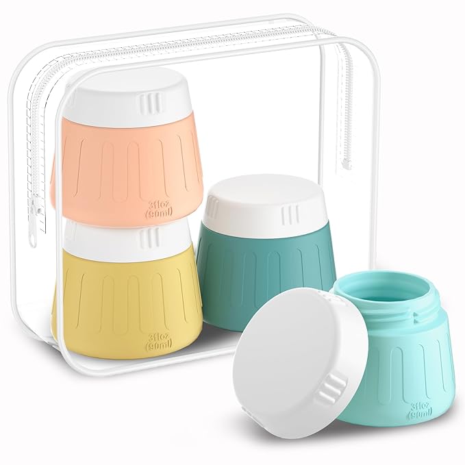 Gemice 3 oz Travel Containers for Toiletries, 4-Pack TSA Approved Travel Size Toiletries Containers for On-the-Go, Small Leak-Proof Travel Essentials Silicone Jar for Shampoo, Lotions, Cleanser
