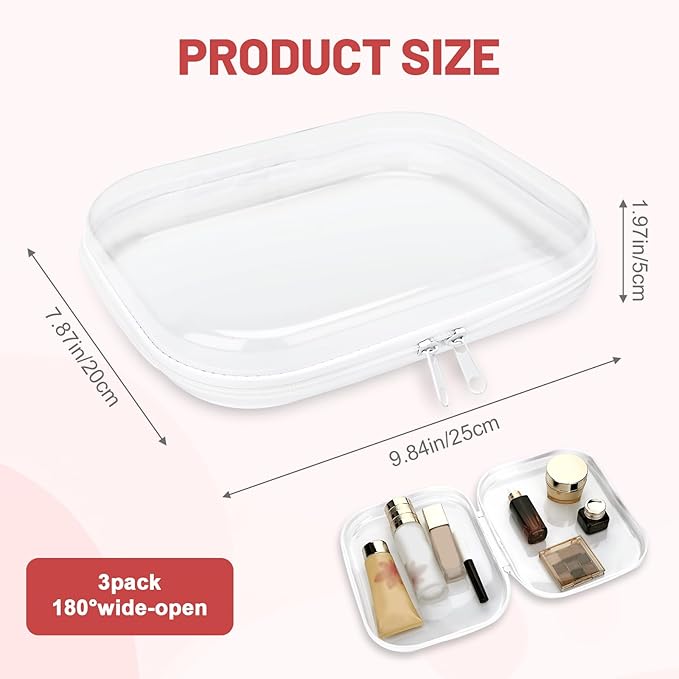 3 Pack Clear Hard Shell Zipper Case, 8×9" Transparent Waterproof Portable Clear Zipper Pouches Hard Shell for Storage, Clear Organizer Bags for Travel Makeup Cosmetic Snacks Doll Storage