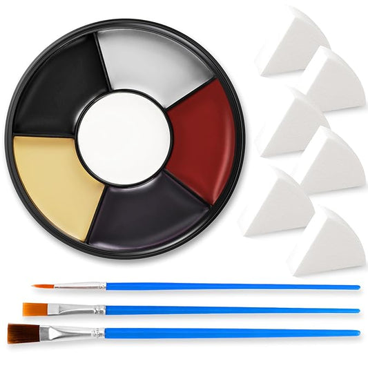 6 Colors Halloween Face Body Paint + 6pc Sponge + 3pc Brush, Colored Eye Black for Sport and Bruise SFX Makeup, Face Paint Kit for Zombie Clown Vampire Skeleton Joker Costume