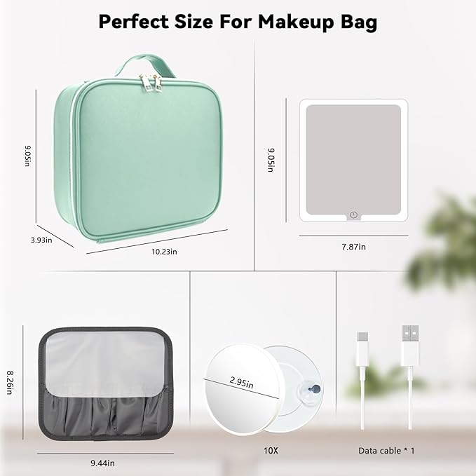 Travel Makeup Bag with LED Mirror and 10x magnifying glass with 3 Lighted Settings, Adjustable Dividers and Makeup Brush Storage Bag Light Green