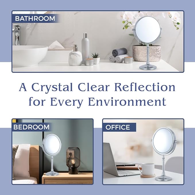 MIRRORVANA 15X Magnifying Makeup Mirror with Stand - Double-Sided 15X/1X Design - Suitable for Vanity Desk, Dressing Table, or Bathroom Countertop for Precise Make Up - 12" High x 6" Wide (Chrome)