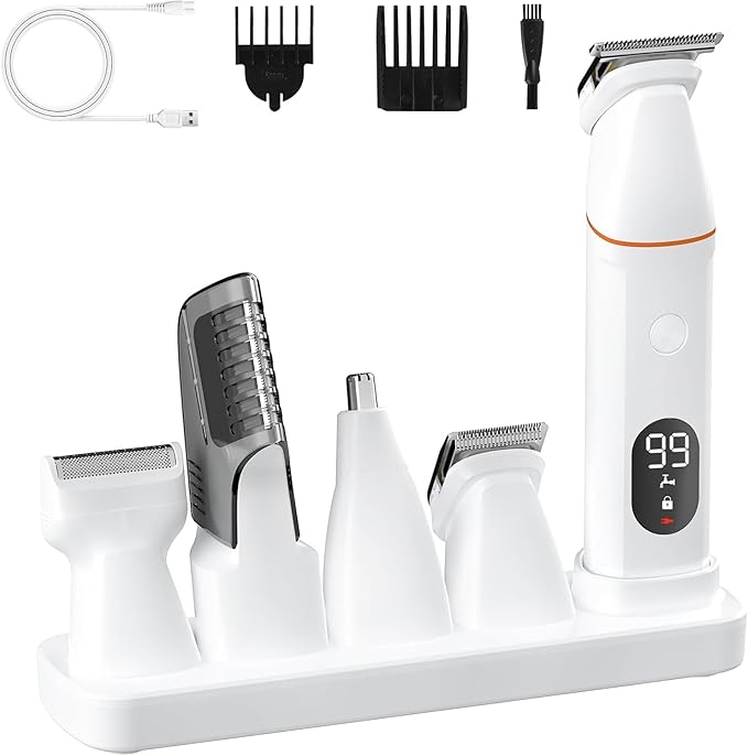 Bikini Trimmer for Women and Men,5-in-1 Wet/Dry Body Hair Trimmer,Gentle Hair Removal Shaver for Full Body Groomer,Electric Razor Shaver with USB Charge Dock-No Nick, No Cut, No Razor Burn,Brown-Gray