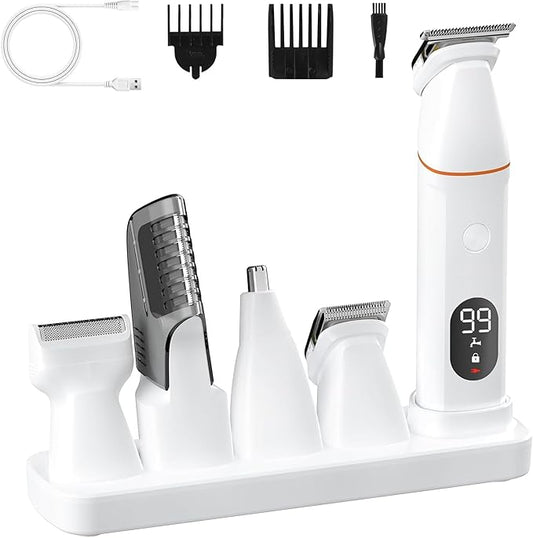 Bikini Trimmer for Women and Men,5-in-1 Wet/Dry Body Hair Trimmer,Gentle Hair Removal Shaver for Full Body Groomer,Electric Razor Shaver with USB Charge Dock-No Nick, No Cut, No Razor Burn,Brown-Gray