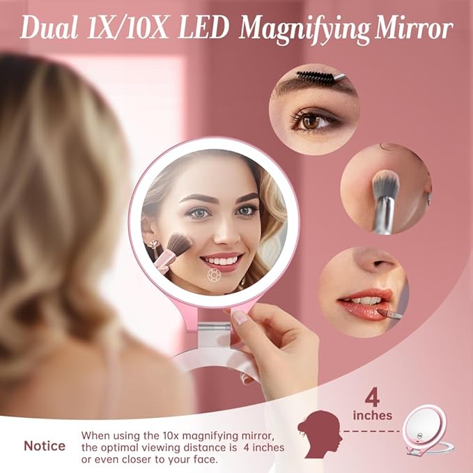 Luxspire Magnifying Mirror with Light, 10X / 1X Double Sided Makeup Mirror, Portable Travel Makeup Mirror with 3 Color Lights and Magnification, Foldable Handheld Lighted Mirror, Pink