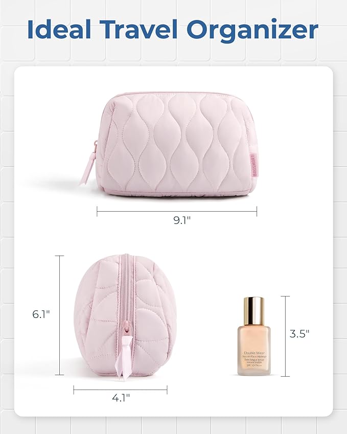 BAGSMART Makeup Bag, Travel Cosmetic Bag, Puffy Padded Make Up Bag for Women, Makeup Organizer Case, Wide-open Pouch Purse, Travel Essentials, Toiletries Accessories Brushes, Beige