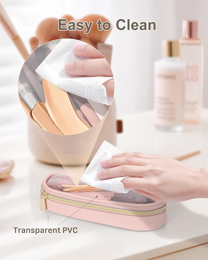 Clear Travel Makeup Brush Holder, Leather Makeup Brush Toiletry Bag, Portable Cosmetic Brush Case, Transparent Waterproof Makeup Brush Storage Bag, Pink, Large