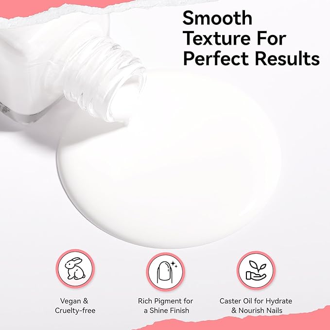 White Nail Polish French Nail Art | Quick Dry Regular Nail Polish | 9-Free Vegan Rich in Castor Oil | Classic Snowy Toe Fingernail Polish DIY at Home Gift for Girls Woman