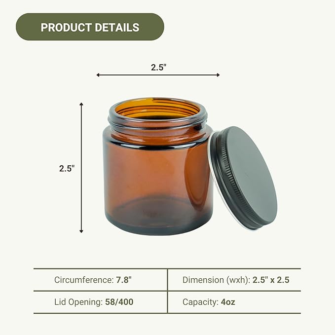 Glass Amber 4oz Jar - 12 Packs, Empty Round Jars For Beauty Products, Lotion, and Powders - Black Lid - Small Candle Jars