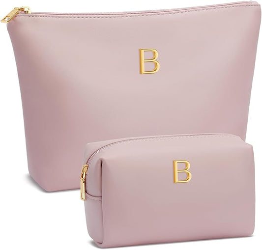 Women Gifts | Initial Makeup Bag Set for Girl Personalized Gifts for Bridesmaid Friend Graduation Teachers PU Leather Cosmetic Travel Toiletry Bag(Pink,B)