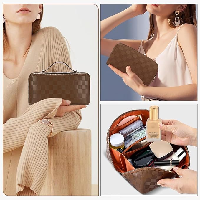 Checkered Travel Makeup Bags Cosmetic Organizer Bag: 2-Set Large Capacity Waterproof Makeup Bag - PU Leather Toiletry Bag for Women - Wide Open Portable Pouch with Handle and Divider (BROWN)