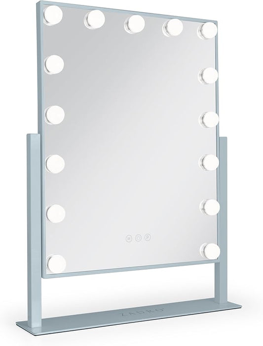 Zadro Hollywood Lighted Vanity Mirror with 15 LED Bulbs, 3 Color Light Settings, 360° Rotation Makeup Mirror Head (21" H x 18" W | 1X | French Blue)
